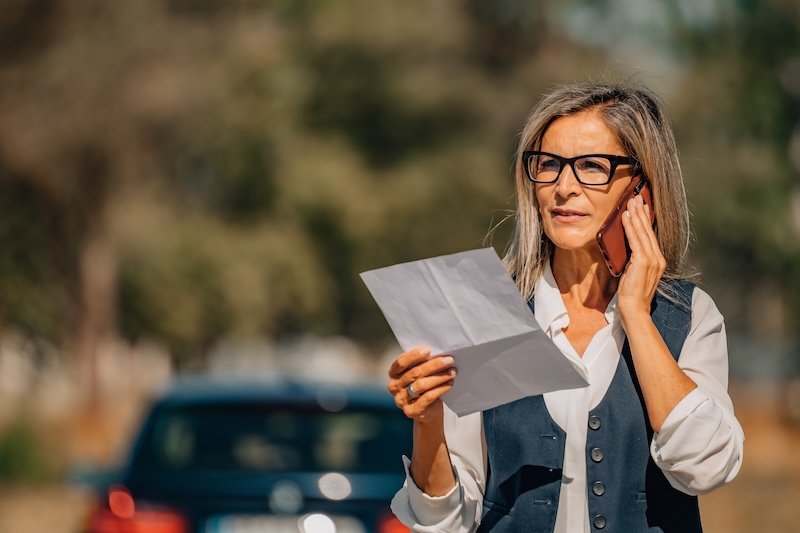 insured female driver or client with vehicle talking on cell phone with document, insurance
