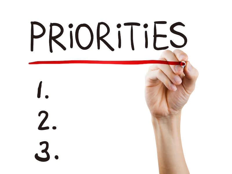 priorities word written by hand on a transparent board