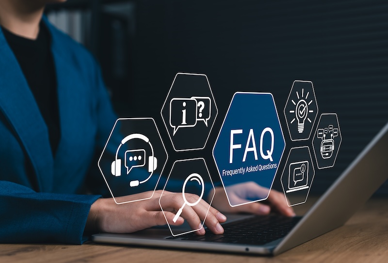 FAQ, Frequently Asked Questions Support Concept. Person using laptop with icon related to search, information, chat, customer service, support represent online help, user assistance, helpdesk, Q and A
